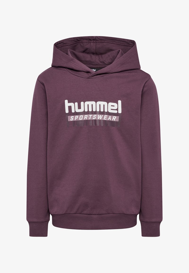 Lila Kapuzenpullover aus weichem Material mit einem Front-Logo in Weiß und Grau. Verfügt über eine Kängurutasche und gerippte Bündchen.