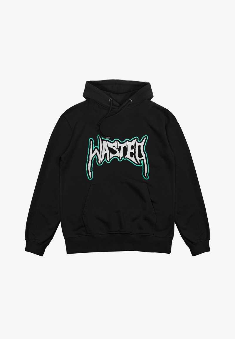 Sweat à capuche noir avec poche avant et texte "WASTED" en lettres blanches stylisées bordées de turquoise sur la poitrine.