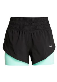 Black athletic shorts with a wide, gathered waistband and a layered design featuring mint green underneath shorts. Puma logo on the side.