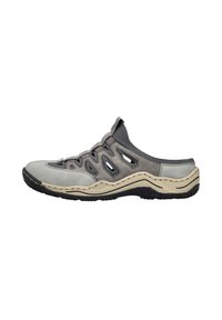 Gray slip-on shoe with suede and mesh upper, featuring cut-out details, padded collar, contrasting beige midsole, and textured black outsole.