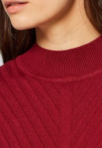 Roter Rippstrickpulli mit hohem Kragen und einem Zickzackmuster. Die Textur ist weich und vertikale Rillen erzeugen visuelles Interesse.