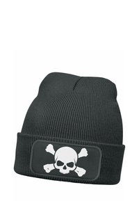 Black knit beanie with a fitted design. Features a white skull and crossbones graphic on a gray patch. Textured ribbed fabric.