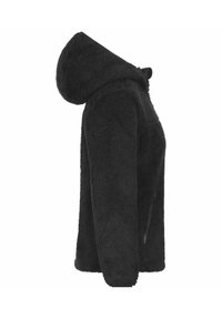 Giacca in pile nera con cappuccio, caratterizzata da una superficie tessurizzata e morbida, tasca laterale con zip e vestibilità rilassata.