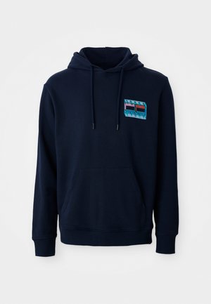 Felpa blu navy in cotone con tasca a marsupio frontale, coulisse regolabile e un'etichetta logo multicolore sul petto.