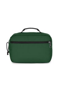 Zelená nylonová kosmetická taška s obdélníkovým tvarem, která má přední kapsu na zip, texturovanou látku a horní ucho pro snadné nošení.