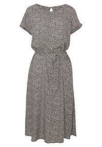 Vestido con estampado floral en blanco y negro, con mangas cortas, escote redondo, cintura ajustada con un lazo y falda a la altura de la rodilla. Detalle de abertura en la espalda.