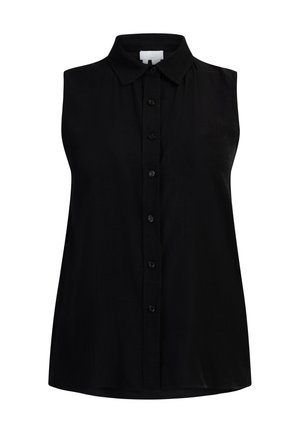 Fekete ujjatlan blúz galléros nyakkal, elöl gombos záródással és sima, könnyű anyagból. Alap dizájn, minta vagy kiegészítő nélkül.