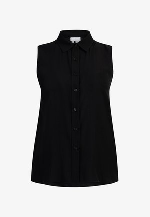 Must olenemata krae ja eest nööbid, must ja ilma varrukateta bluus, millel on sile ja kerge kangas. Lihtne disain, ilma mustrite või aktsentideta.