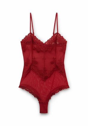 Rode kanten bodysuit met doorzichtige stof en bloemenpatronen, verstelbare bandjes en een drukknoopsluiting onderaan voor een veilige pasvorm.