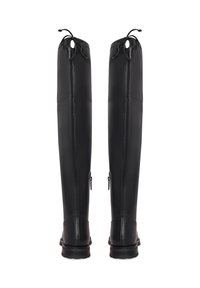 Botas de cuero negras hasta la rodilla con una textura suave, cierre de cordón en la parte superior y cremalleras laterales para un fácil uso. Suela negra sólida.