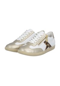 Sneakers featuring white leather with gold metallic accents, leopard print detail, classic lace-up design, and a side zipper.