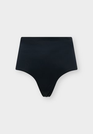 Culotte de bikini noire à taille haute, posée à plat sur un fond clair.