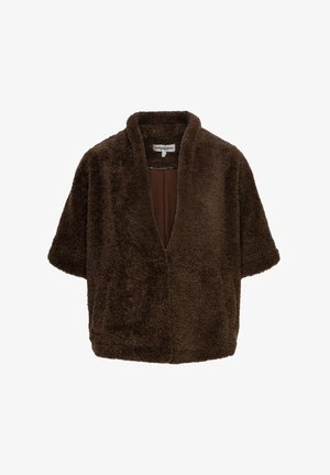 Bruine, fuzzy kortekleding met een sjalkraag, open voorkant en een zachte textuur. Heeft geen zichtbare sluitingen of patronen.