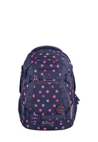 Navy blue backpack with pink and purple polka dots, front zip pocket, side pockets, and adjustable straps.