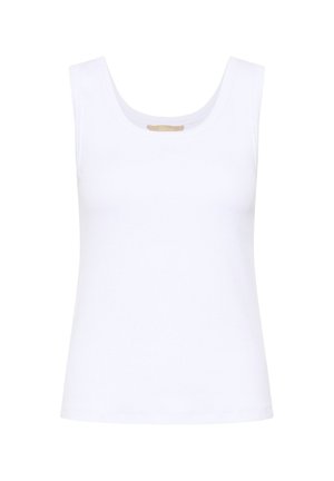 Haut débardeur blanc sans manches avec encolure dégagée, design uni et silhouette ajustée.
