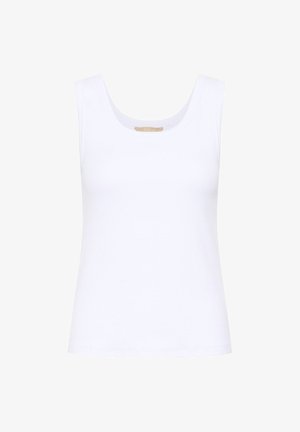 Haut débardeur blanc sans manches avec encolure dégagée, design uni et silhouette ajustée.