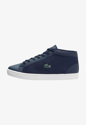 Navy high-top sneakers featuring a mesh upper and leather accents, with a white sole and a green logo on the side.