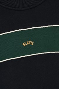 Nööbiga kampsun, millel on tumesinine keha, roheline horisontaalne triip ja valged äärted. Triibus on oranžina broderitud "BLKVIS".