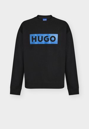 Black crew neck sweatshirt with long sleeves and blue rectangular logo reading "HUGO" on the front.