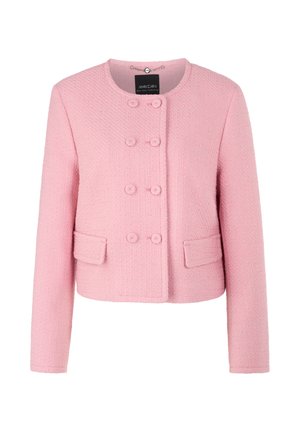 Pink textured women's jacket with round neckline, six covered buttons in double-breasted style, and two front flap pockets.