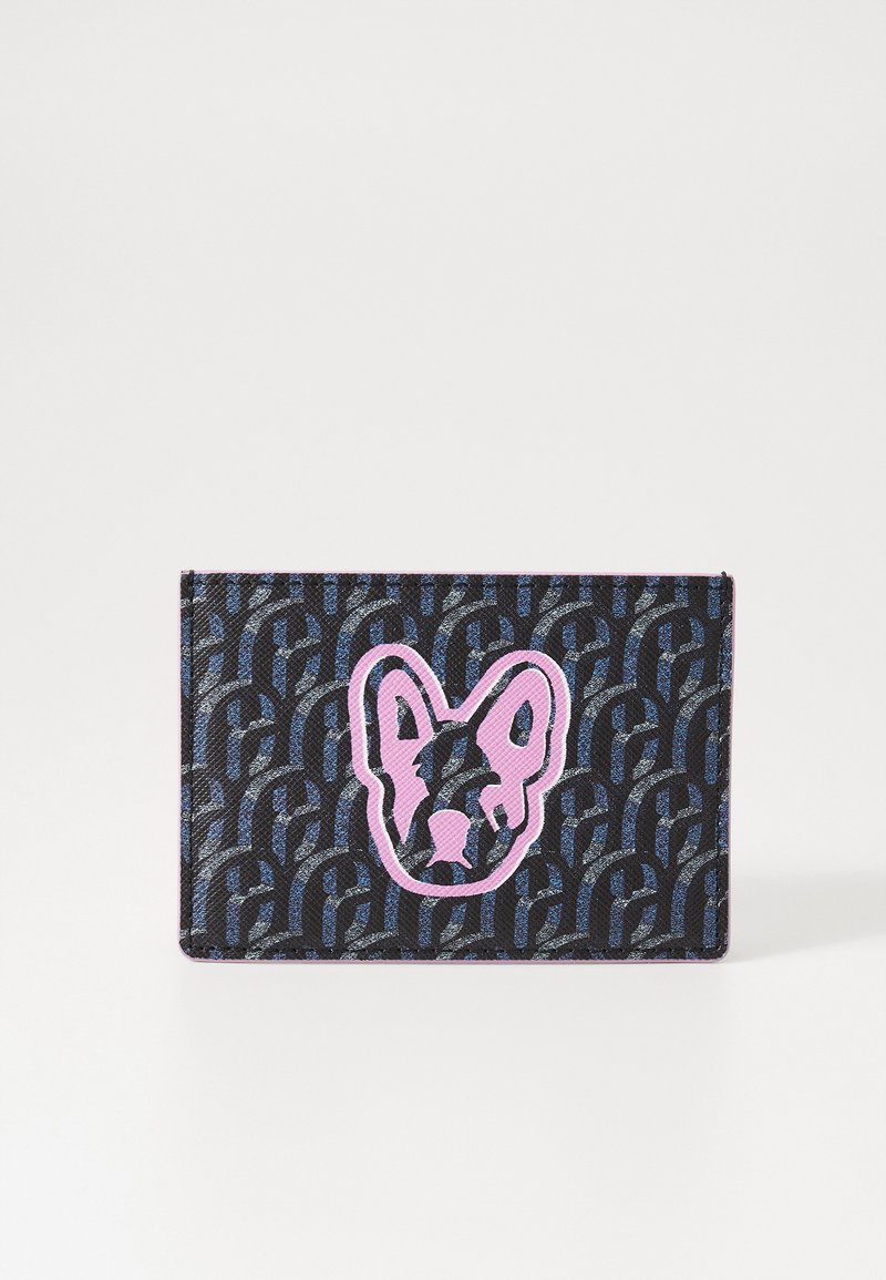 Černá peněženka s opakujícím se vzorem. Na přední straně se nachází grafika růžového francouzského buldočka. Vyrobena z texturovaného syntetického materiálu.