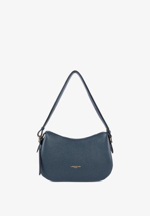 Navy blue leather handbag with a curved silhouette, zip closure, and short strap. Features gold hardware and embossed logo on front.