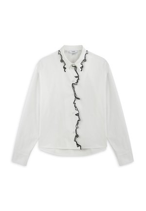 Camicia bianca con bottoni, maniche lunghe, caratterizzata da un design arricciato nero lungo il davanti, realizzata in un tessuto liscio.