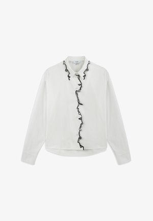 Weißes Button-up-Hemd mit langen Ärmeln, das ein schwarzes Rüschendesign an der Vorderseite aufweist, hergestellt aus einem glatten Stoff.