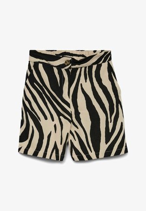 Zwart-beige zebraprint shorts met knoopsluiting en elastische tailleband, plat gelegd op een witte achtergrond.