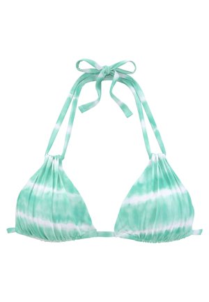Groene tie-dye bikini-top met driehoekige cups, verstelbare strikbandjes en een verzamelde stofstructuur. Bevat lichte en donkere groene variaties.