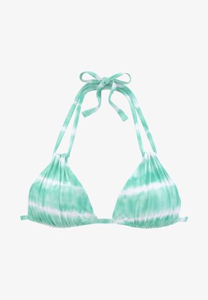 Groene tie-dye bikini-top met driehoekige cups, verstelbare strikbandjes en een verzamelde stofstructuur. Bevat lichte en donkere groene variaties.