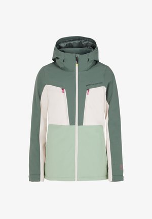 Waterdichte jas met een capuchon. Groene en witte kleuren, met ritszakken op de borst en roze rits-treklipjes. Een gladde stofstructuur.