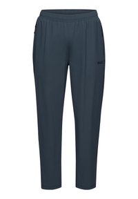 Donkergrijze sportbroek van een gestructureerde stof, met een elastische tailleband en ritszakken, voorzien van een logo op de linkerdij.