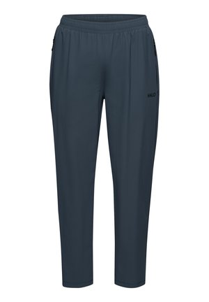 Dunkelgraue Sporthose aus strukturiertem Stoff, mit elastischem Bund und Reißverschlusstaschen, mit einem Logo auf dem linken Oberschenkel.