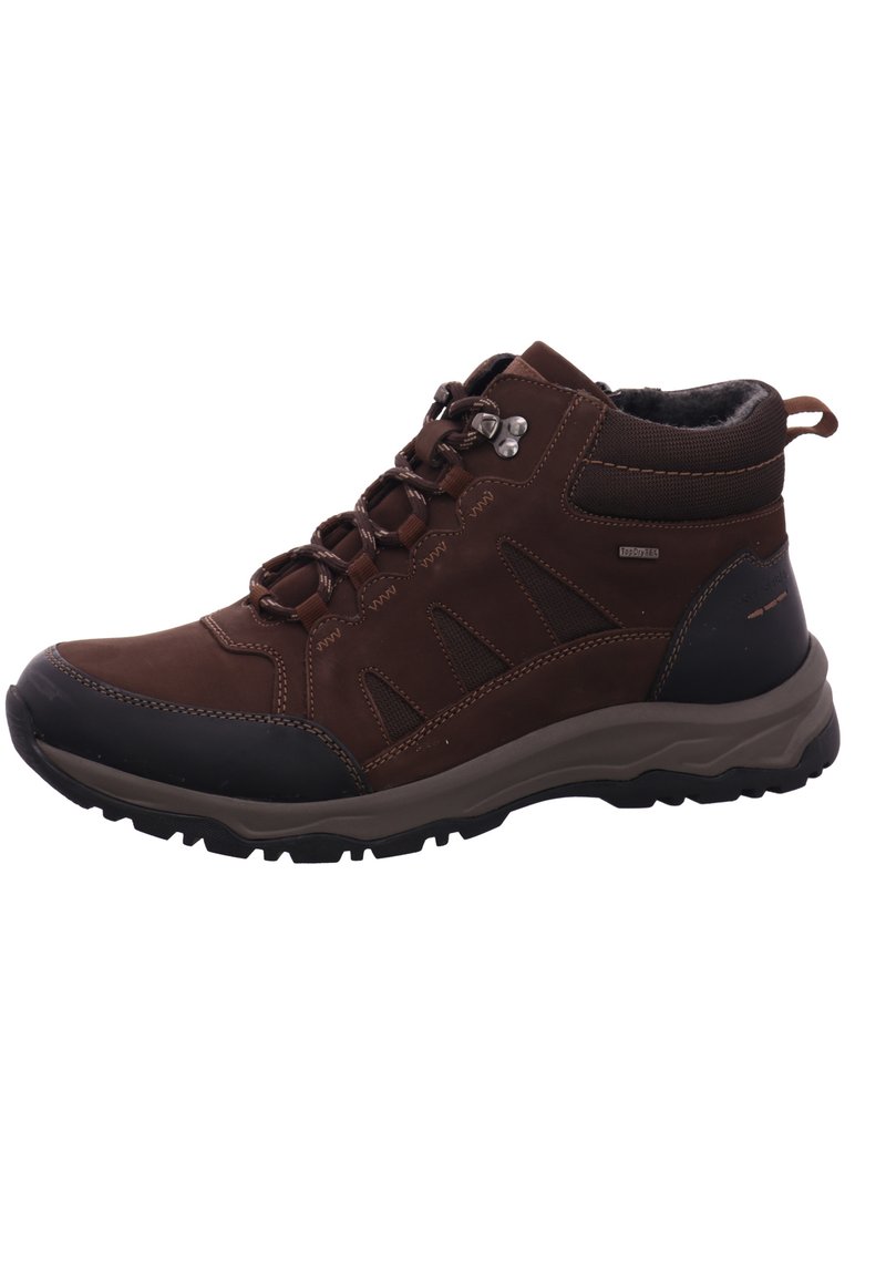 Braune Leder-Wanderschuhe mit synthetischen Akzenten, robustem Profil und Metallösen. Verfügen über einen gepolsterten Schuhkragen und eine strukturierte Oberfläche.