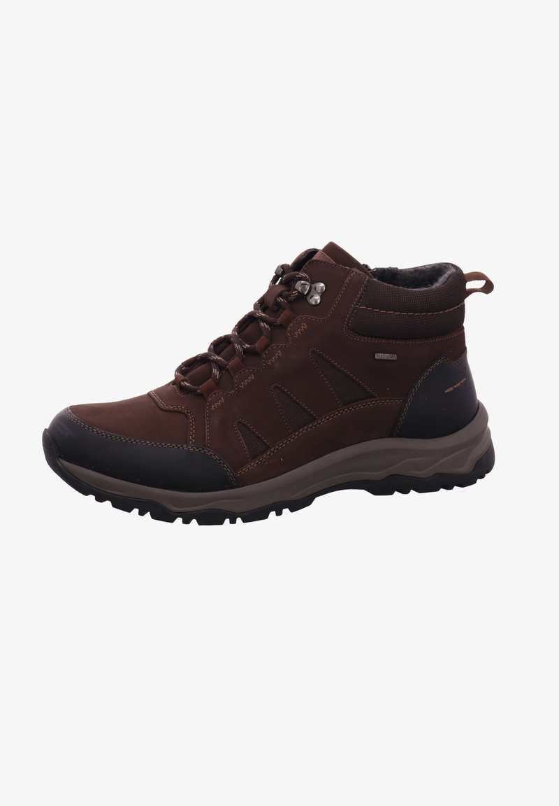 Braune Leder-Wanderschuhe mit synthetischen Akzenten, robustem Profil und Metallösen. Verfügen über einen gepolsterten Schuhkragen und eine strukturierte Oberfläche.