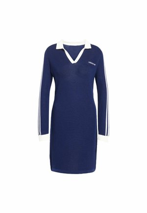 Robe tricotée navy avec col et poignets blancs. Présente des rayures blanches le long des manches et un logo brodé sur la poitrine.
