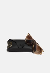 Ochelari de soare Ray-Ban cu lentile de culoare maro și ramă transparentă, amplasați lângă un toc din piele neagră cu un logo auriu și închidere cu buton.