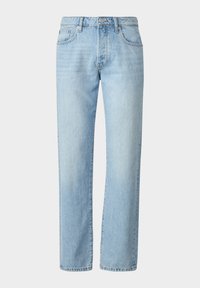Light blue denim jeans with a straight cut, featuring a classic five-pocket design and subtle fade markings throughout the fabric.
