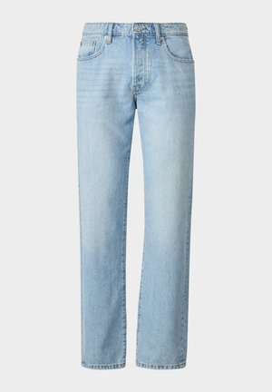 Light blue denim jeans with a straight cut, featuring a classic five-pocket design and subtle fade markings throughout the fabric.