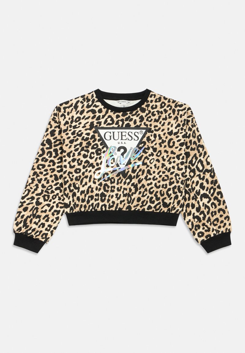 Sweat-shirt court à imprimé léopard beige et noir, avec poignets côtelés noirs et une étiquette triangulaire graphique centrale inscrite de "GUESS" et "love".