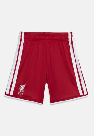 Rote Sportshorts mit weißen Seitenstreifen und Liverpool FC-Logo am linken Bein, elastischem Bund, auf einfachem Hintergrund dargestellt.
