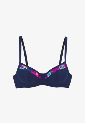Navyblauer BH mit strukturierten Cups und verstellbaren Schulterträgern; verfügt über ein farbenfrohes Blumenmuster entlang des oberen Randes.