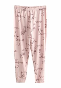 Vaaleanpunaiset leggingsit, joissa on toistuva ruskea ääriviivakuosi eri koiramuodoista. Elastinen vyötärö, vartalonmyötäinen malli, pehmeä materiaali.