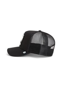 Black baseball cap with a solid front and mesh back. Curved visor and adjustable strap with a logo patch on the side. Textured fabric.