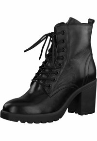 Bottes noires en cuir jusqu'à la cheville avec un laçage, bout rond et talon épais. Présente une finition texturée et une semelle en caoutchouc robuste.