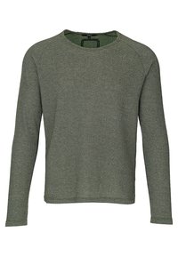 Pull en maille vert à manches longues avec un motif texturé, col rond et coupe décontractée. Le matériau semble léger et respirant.