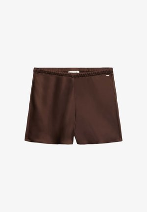 Bruine satijnen shorts met elastische tailleband, rechte pijpen en een klein wit labeltje vlak bij de tailleband.