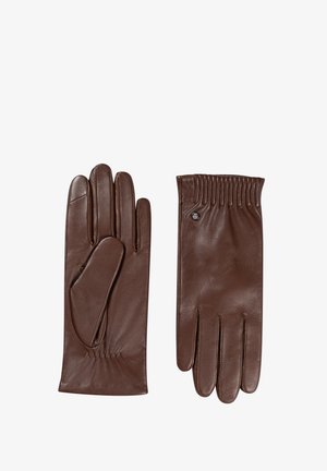 Pair of dark brown leather gloves with stitched detailing and a small metal emblem on the wrist side of the right glove.