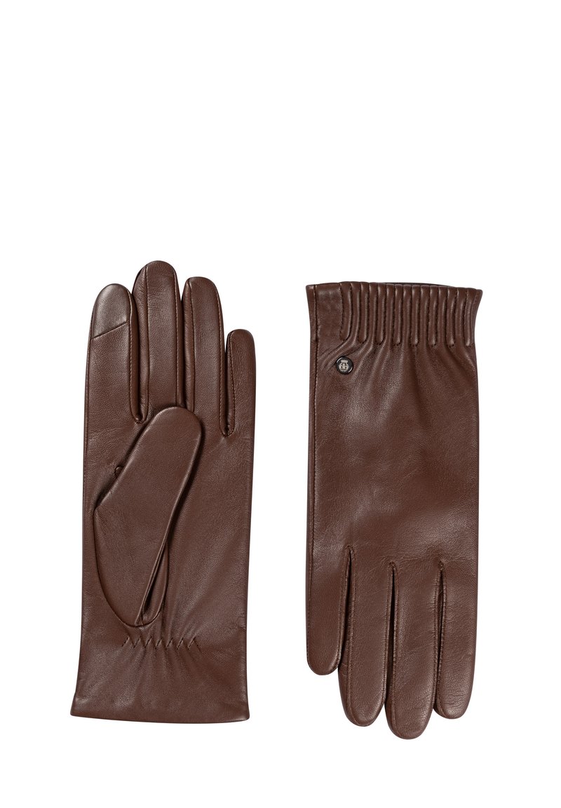 Pair of dark brown leather gloves with stitched detailing and a small metal emblem on the wrist side of the right glove.